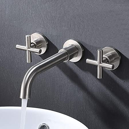 VALISY Solid Brass Brushed Nickel Two Handles 3 Holes Wall Mount Bathroom Faucet, Rough-In Valve Included