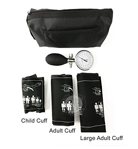 EMI 3 Cuff Aneroid Sphygmomanometer Combination Set. Includes Palm type sphygmomanometer and Large Adult cuff, Adult cuff, and Child cuff.