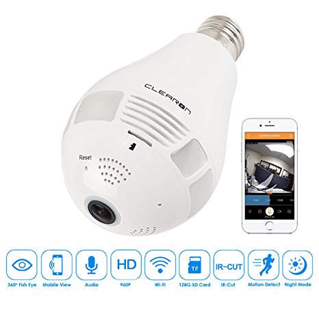 Wifi Light Bulb Camera for Home Security - 360° Panoramic Wireless Hidden Camera with LED White Lights and Infrared Lights - Night Vision Spy CAM - Check with Phone Using IPC360 APP - by CLEARON