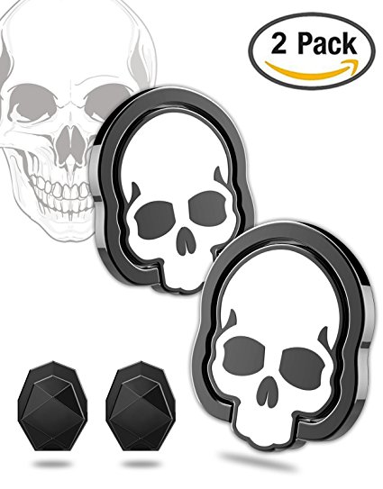 Phone Ring Holder & Stand - 2 Pieces Universal Finger Grip Stand Holder Ring - Car Mount Phone Ring Grip for iPhone / Samsung / Galaxy / iPad / Phone Case (Black Skull)
