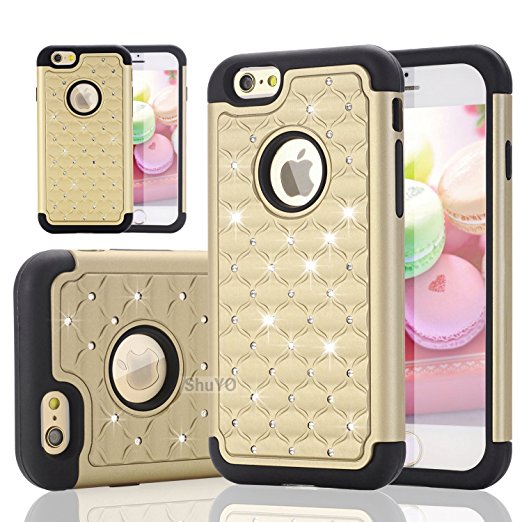 iPhone 6S Case, ShuYo [Twinkle Series] Hard PC with Soft Rubber Heavy Duty Dual Layer Hybrid Armor Bling Diamond Defender Case Cover For iPhone 6 / 6S (4.7 inch) - Gold/Black