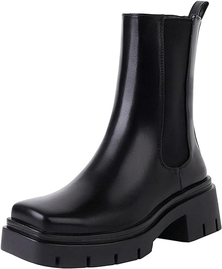 vivianly Women's Chunky Platform Chelsea Boots Mid Calf Boots Square Toe Pull-on Ankle Booties