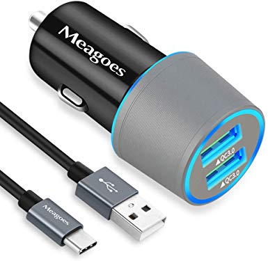 Meagoes Fast USB C Car Charger, Compatible for Samsung Note 10/9/8, Galaxy S10/S9/S8/A50/A70/A10e, LG Stylo 5/4, Moto Z4/Z3/G7/G6, Dual Quick Charge 3.0 Port, Rapid Car Adapter with 3.3ft Type C Cable