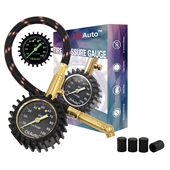 CK Auto Tire Pressure Gauge 100 PSI - Certified ANSI B40.1 Accurate, Large 2" Glow Dial, Premium Braided Hose, Solid Brass Hardware, Best for Any Car, Truck, Motorcycle, RV