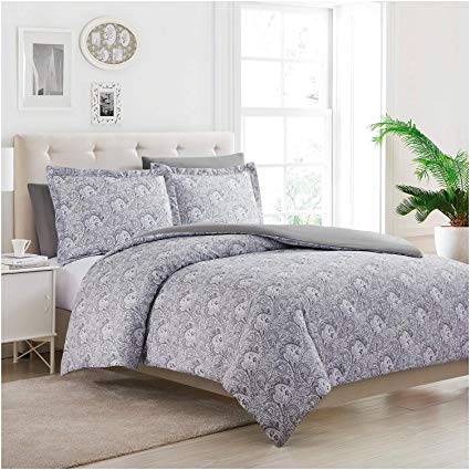 Mellanni Duvet Cover Set 5pcs - Soft Double Brushed Microfiber Bedding with 2 Shams and 2 Pillowcases - Button Closure and Corner Ties - Wrinkle, Fade, Stain Resistant (King/Cal King, Paisley Gray)