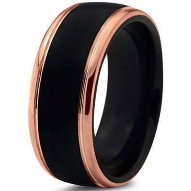 [EnvyJ] 8mm 18K Rose Gold Plated Black High Matte Tungsten Rings Carbide Domed Brushed Men's Women Wedding Band Ring Comfort Fit Finish Fit Size 5-16 w/ velvet box FreeShipping Lifetime Guarantee 5-15