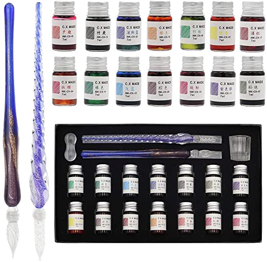 AXEARTE Glass Dip Pen Set, 18-Pieces Calligraphy Pens Set - 14 Color Inks, Pen Holder, Cleaning Cup, 2 Crystal Glass Pens for Art, Writing, Drawing, Signatures, Gift for Kids and Artist