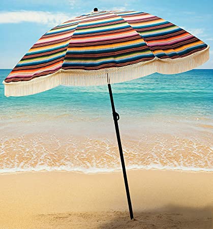 Beach Umbrella For Sand - Best Beach Umbrella Windproof & Portable Sport Umbrella With Fringe, Comes With Denim Beach Umbrella Bag Features Pointed Bottom Sand Anchor & 100% UV Sun Protection - Bahama