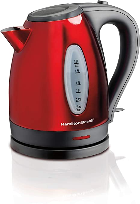 Hamilton Beach Electric Tea Kettle, Heat and Boil Water, 1.7 L, Cordless, Auto-Shutoff & Boil Dry Protection, Red Stainless Steel (40885)