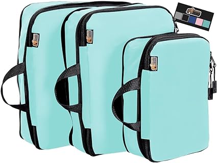 Gorilla Grip Space Saving Compression Packing Cubes for Travel, Luggage Compressed Organizer Bags with Zipper, Handles, Reduces Wrinkles, Suitcases and Carry On, Storage Essential, 3 Piece, Turquoise