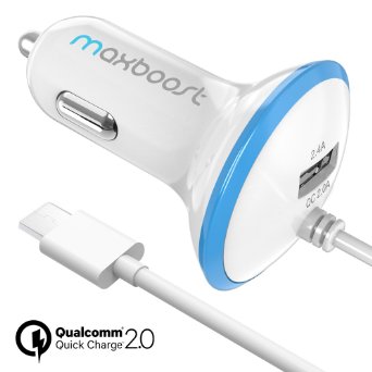 Quick Charge 2.0 Car Charger, Maxboost 30W Dual Output USB Car Charger -Smart 5V/2.4A  QC 2.0 12V/9V/5V MicroUSB Cable for Galaxy S7/S6/Edge/Edge Plus/Note 6 5,Nexus 5 6 4 7, iPhone 6S/6S Plus - White