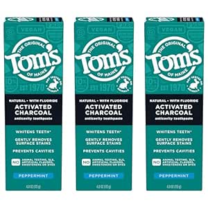 Tom’s of Maine Natural Activated Charcoal Toothpaste with Fluoride, Peppermint, 4.0 Oz (Pack of 3)