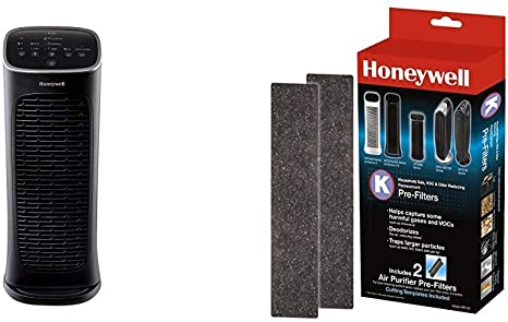 Honeywell Compact AirGenius 4 Air Cleaner/Odor Reducer with Honeywell HRF-K2 Household Odor & Gas Reducing Pre-filter, 2 Pack, Black