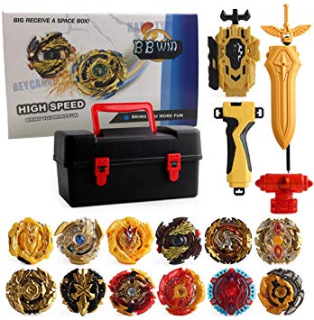 BBwin Gold Bey Battle Burst Set 12 PCS Evolution Turbo Battling Tops and Right/Left-Spin Launcher with Storage Box
