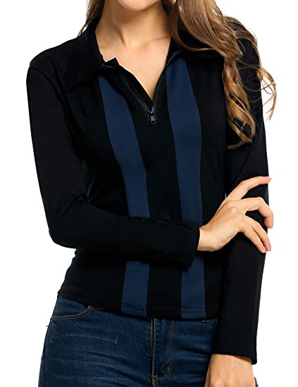 Showyoo Women's Long Sleeve Polo Shirt V Neck Zip Winter Casual Pullover Tops Black XL