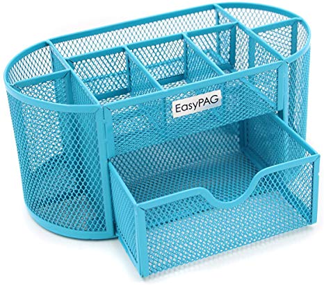 EasyPAG Mesh Desk Organizer 9 Components Office Accessories Supply Caddy with Drawer,Blue