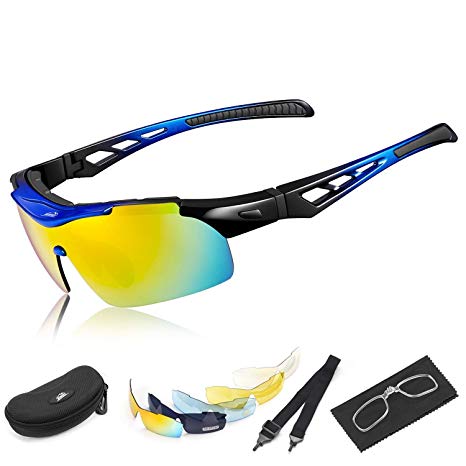 HiHiLL Polarized Sports Sunglasses for Men Women, Driving Sun Glasses with 5 Interchangeable Nylon Lens and Unbreakable PC Injection Frame with Rubber Mats for Cycling, Climbing, Sports, Driving