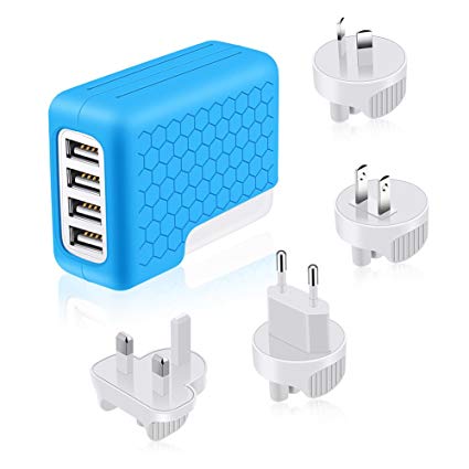 [UL Listed] SAUNORCH Universal Travel Adapter,International Power Adapter W/High Speed 4 x 2.4A USB Wall Charger, European Adapter, Plugs Adapters for Europe travel, Canada, UK, US, AU, Asia-Blue