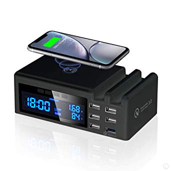 JCOTTON Wireless Charger 6 Port USB Charger 48W Quick Charge QC3.0 LCD Display Multi USB Charging Station