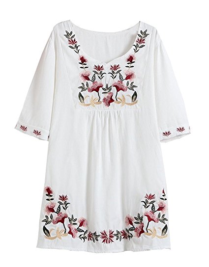 Ashir Aley Cute Wrap Flowers Embroidered Tunic Peasant Tops Mexican Blouse