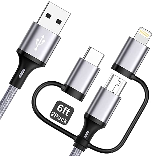 3 in 1 Multi Fast Charging Cable 3A [MFi Certified ] Miger Nylon Braided USB A to Lightning/Type C/Micro USB Charger Sync Cable for iPhone,iPad,Samsung Galaxy,Huawei,LG,Sony,HTC,OnePlus (2Pack/6ft)