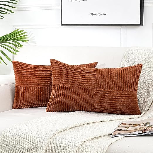 Fancy Homi 2 Packs Rust Lumbar Decorative Throw Pillow Covers 12x20 Inch for Couch Bed Sofa, Rustic Farmhouse Boho Home Decor, Soft Striped Corduroy Rectangle Accent Terracotta Cushion Case 30x50 cm