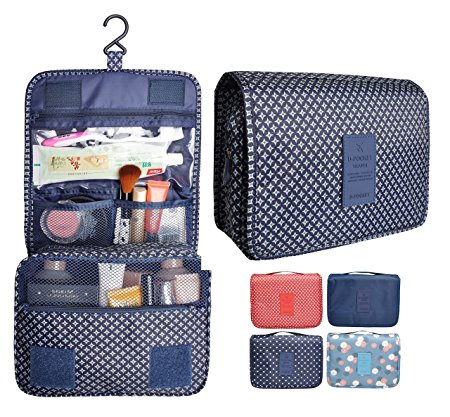 Portable Waterproof Travel Makeup Bag - Lady Color Foldable Organizer Travel Cosmetic Toiletry Bathroom Beach Bag for Women / Men, Shaving Kit with Hanging Hook for vacation (Navy Star)