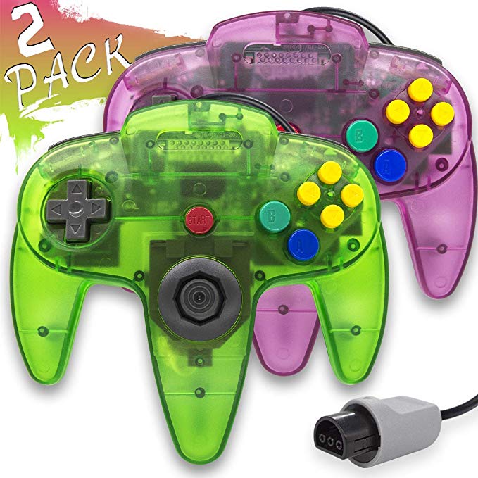 Wired Controller for Nintendo 64 N64 Console, Upgraded Joystick Classic Video Game Gamepad (Clear Green and Clear Purple 2)