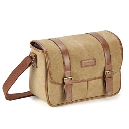 SLR Camera Canvas Bag, Evecase Professional Large Canvas Messenger SLR/DSLR Camera Bag with Leather Trim and Shockproof Removable Padded Insert - Khaki Brown