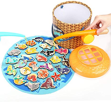 Magnetic Fishing Toy - 26 Wooden Ocean animals, 2 Fishing Rods  and Storage Box- for boys and girls 2-yr up