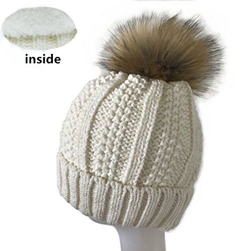 Womens Winter Ultral-Thick Knitted Warm Cap With LFleece Lined Large PomPom Beanie Hats