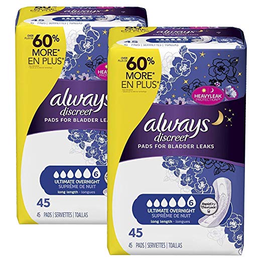 Always Discreet Incontinence Pads Ultimate Overnight, Long Length, 45 Count (Pack of 2) (Total 90ct) (.2 Pack(45 Count))