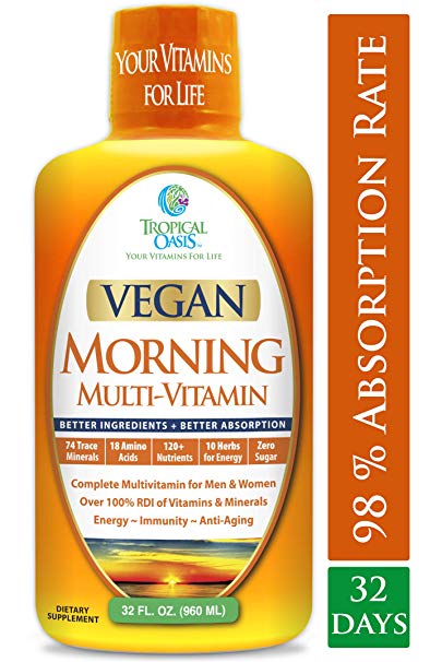 Vegan Morning Liquid Multivitamin | 120+ Nutrients, 74 Trace Minerals, 18 Amino Acids, & 10 Herbs | For Anti-Aging, Energy, Immunity | Over 100% DV Vitamins A C D E B6 B7 B12 | Sugar Free | 32 Serv
