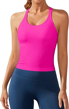 ATTRACO Women Ribbed Workout Crop Tops with Built in Bra Yoga Racerback Tank Top Tight Fit