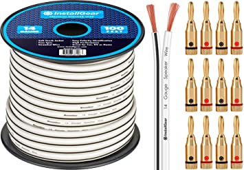 InstallGear 14 Gauge AWG 100ft Speaker Wire Cable - White with 12 Banana Plugs