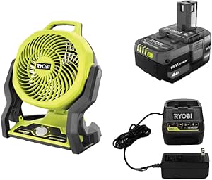 RYOBII ONE  18V Cordless Hybrid WHISPER SERIES 7-1/2 in. Fan (4.0 ah Battery and charger included), Medium, Green, PCL811B