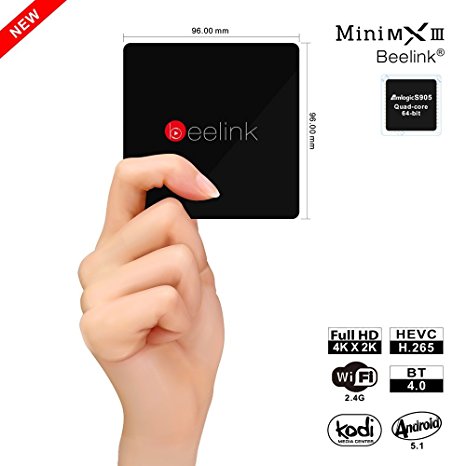 Beelink Mini MX3 II 4K Android 6.0 Amlogic S905X Quad- core 64-bit ARM Cortex-A53 up to 2GHz Penta-core ARM Mali-450 RAM DDR3 2GB ROM Onboard eMMC Flash 16GB 2.4G Wifi BT4.0 100M LAN TV Box