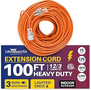 100ft Power Outdoor Extension Cord & Indoor - Waterproof Electric Drop Cord Cable - 3 Prong SJTW, 12 Gauge, 15 AMP, 125 Volts, 1875 Watts, 12/3 ETL Listed by LifeSupplyUSA - Orange (1 Pack)