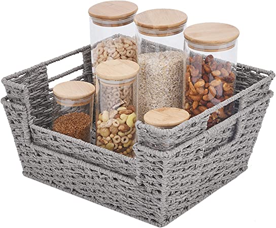 StorageWorks Round Paper Rope Storage Basket, Hand-Woven Open-Front Bin with Handles, Gray, 13 ¾"L x 11"W x 5 ½"H, 2-Pack