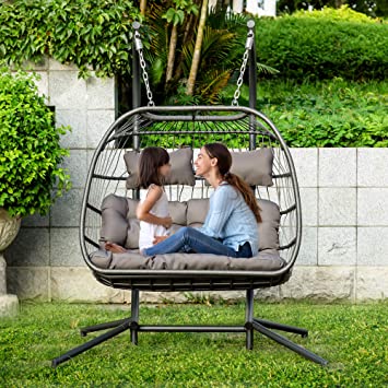 elify Luxury 2 Person X-Large Double Swing Chair Wicker Hanging Egg Chair (X-Large 2Person, Gray)