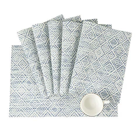 HEBE Placemats Set of 6 Washable Placemat for Dining Table Woven Vinyl Place Mats Reversible Durable Kitchen Table Mats(Blue White, 6)