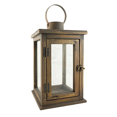 Stonebriar 12.5 Inch Rustic Wooden Candle Hurricane Lantern, For Table Top, Mantle, or Wall Hanging Display, Indoor & Outdoor Use, Large