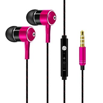 Earbuds with microphone, Pvendor Heavy Bass Metal Braided Stereo Earphones noise cancelling in ear Earbuds with Mic & Volume Remote Control for iPhone iPod iPad Samsung Galaxy HTC Android - Rose