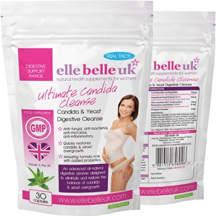 Ultimate Candida Cleanse - Yeast & Candida Support - 30 Capsules - Elle Belle UK - Natural Herbal Health Food Supplement Formulated to Help Support Healthy Happy Digestion & Balanced Microflora.