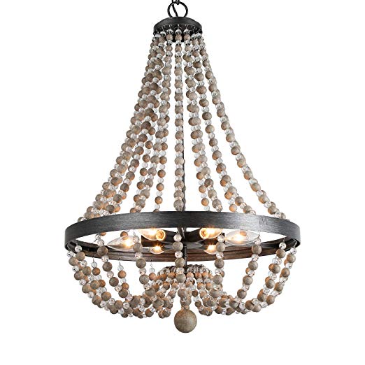 LALUZ 6-Light Wood Bead Empire Chandelier, Pendant Lighting Fixture for Kitchen Island, Natural Wood Beads, 28.3"H x 20.1"W