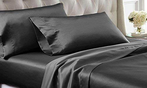 Bedding Emporium 100% Pure Silk Satin Sheet Set 7pcs, Silk Fitted Sheet 15'' Deep Pocket,Silk Flat Sheet,Silk Duvet Cover & Pillowcases Set !!! Twin XL, Dark Grey