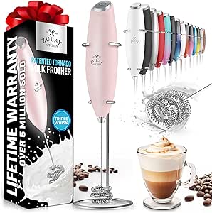 Zulay Kitchen Tornado Whisk Milk Frother Handheld - Coffee Frother Wand With Stand - Triple Whisk Hand Held Drink Mixer - Electric Stirrer Frothing Wand for Latte, Matcha, Protein Powder - Pink