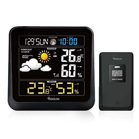 Osaloe Weather Station with Outdoor Sensor, Temperture Humidity Monitor｜Current Time｜Moon Phase｜Color Display｜Max/Min Records｜Alarm Clock Snooze, Mount or Place for Home Office Greenhouse (2 Gen)