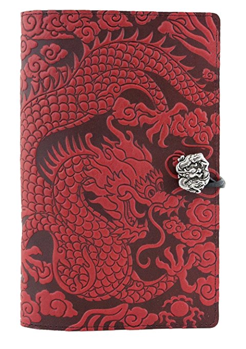Genuine Leather Tooled Journal Cover   Hardbound Blank Insert | 6x9 Inches | Cloud Dragon, Red With Pewter Button | Made in the USA by Oberon Design