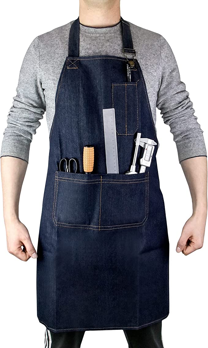 QWORK Heavy Duty Denim Work Apron With Pockets, Adjustable Jean Tool Apron for Men and Women